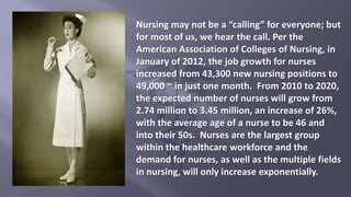 Nursing may not be a “calling” for everyone; but
for most of us, we hear the call. Per the
American Association of Colleges of Nursing, in
January of 2012, the job growth for nurses
increased from 43,300 new nursing positions to
49,000 ~ in just one month. From 2010 to 2020,
the expected number of nurses will grow from
2.74 million to 3.45 million, an increase of 26%,
with the average age of a nurse to be 46 and
into their 50s. Nurses are the largest group
within the healthcare workforce and the
demand for nurses, as well as the multiple fields
in nursing, will only increase exponentially.
 