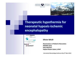 Therapeutic hypothermia for
neonatal hypoxic-ischemic
encephalopathy

           Olivier BAUD

           Réanimation et Pédiatrie Néonatales
           INSERM U676
           DHU PROTECT
           Hôpital Robert Debré, APHP

            International Neonatology Conference Kiev 6th March 2013
 