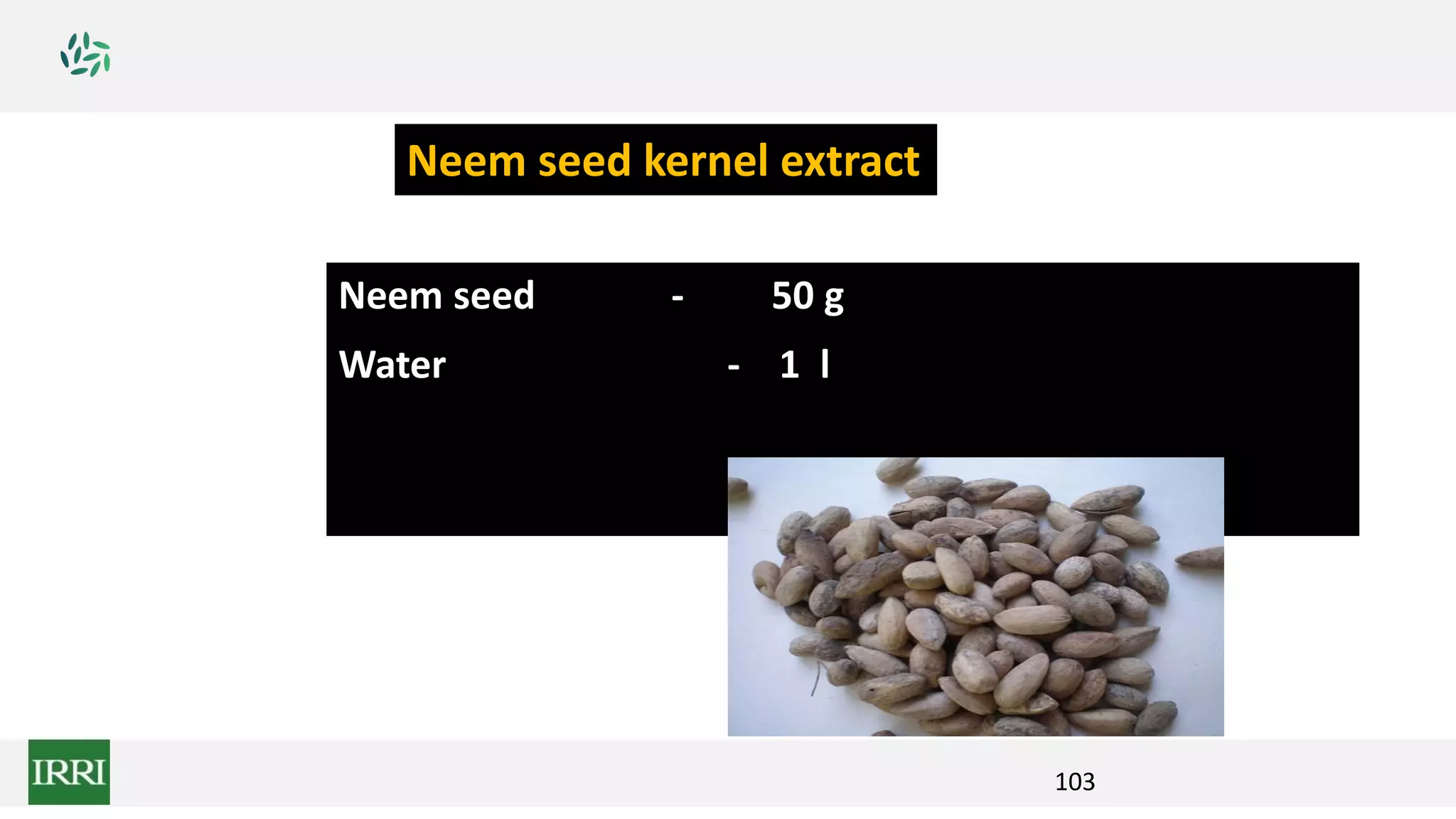 103
Neem seed - 50 g
Water - 1 l
Neem seed kernel extract
 