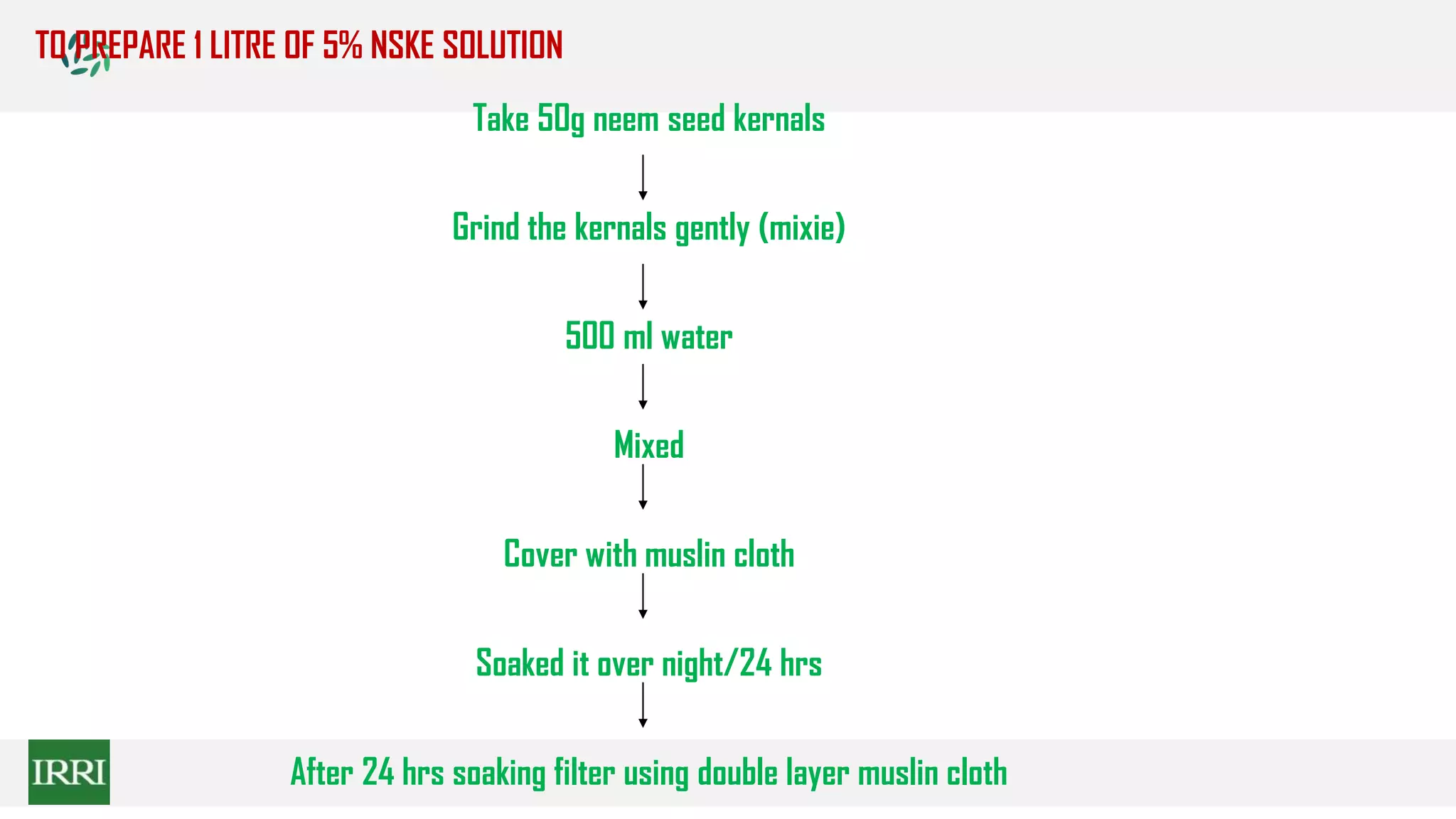 Take 50g neem seed kernals
Grind the kernals gently (mixie)
500 ml water
Mixed
Cover with muslin cloth
Soaked it over night/24 hrs
After 24 hrs soaking filter using double layer muslin cloth
TO PREPARE 1 LITRE OF 5% NSKE SOLUTION
 