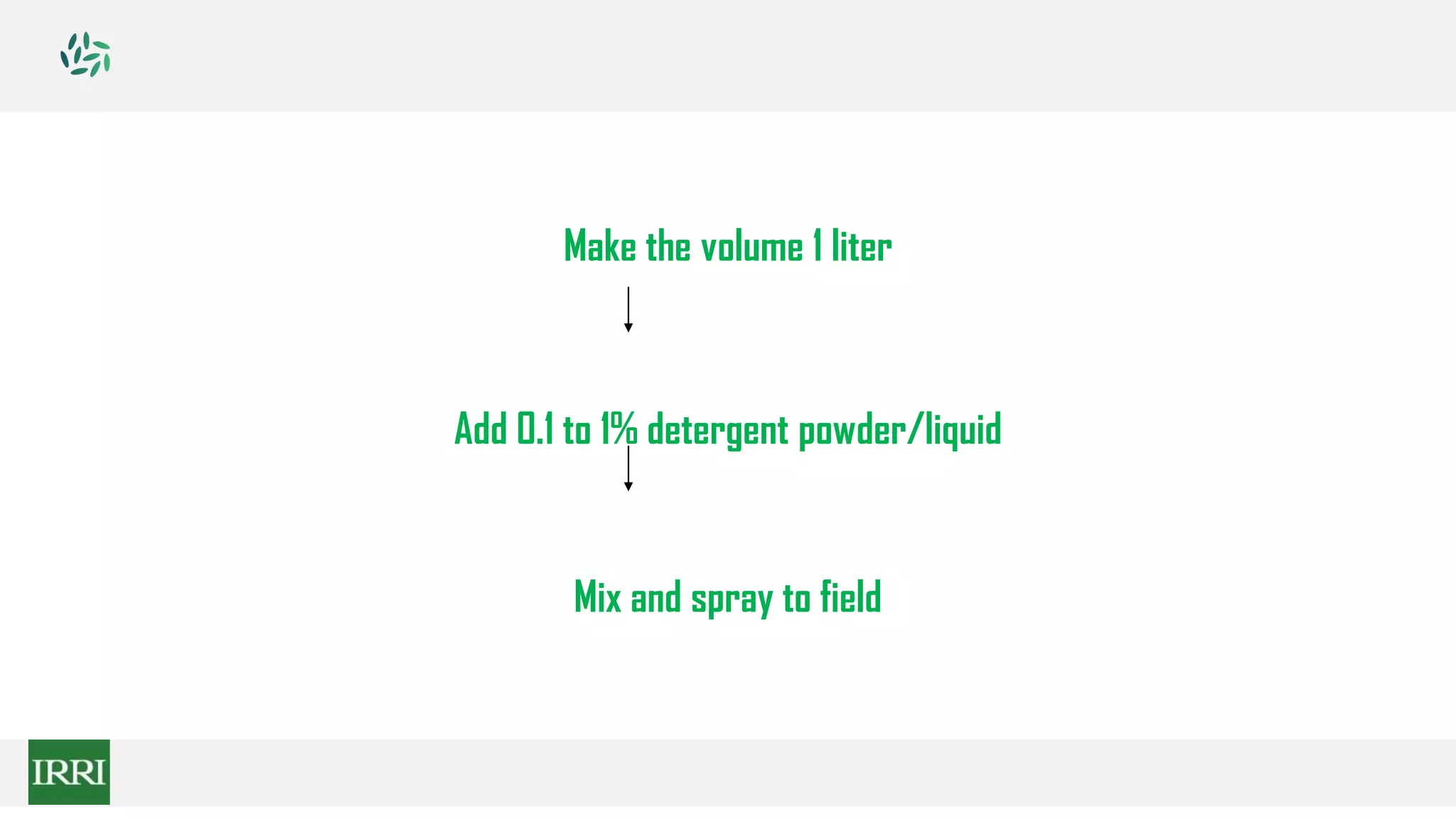 Make the volume 1 liter
Add 0.1 to 1% detergent powder/liquid
Mix and spray to field
 