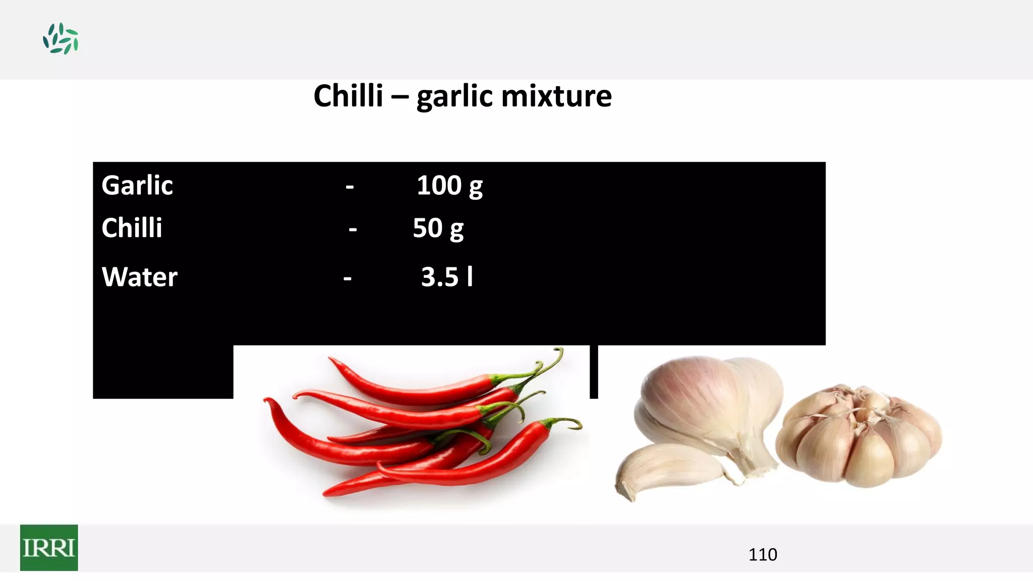 110
Garlic - 100 g
Chilli - 50 g
Water - 3.5 l
Chilli – garlic mixture
 