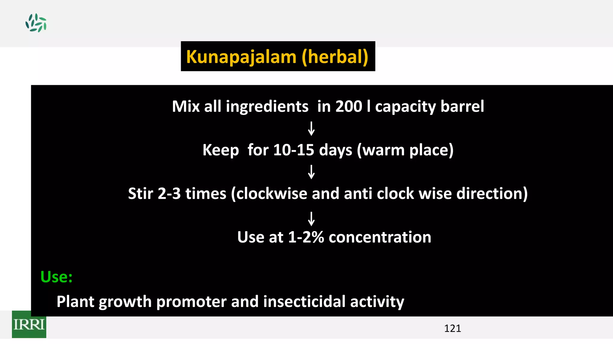 121
Mix all ingredients in 200 l capacity barrel
Keep for 10-15 days (warm place)
Stir 2-3 times (clockwise and anti clock wise direction)
Use at 1-2% concentration
Use:
Plant growth promoter and insecticidal activity
Kunapajalam (herbal)
 