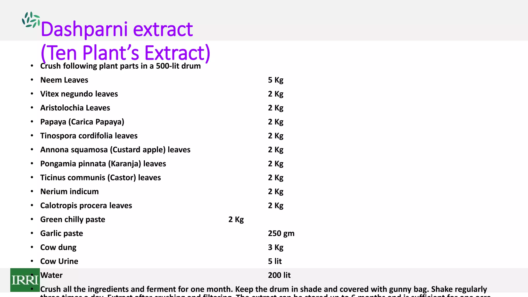 Dashparni extract
(Ten Plant’s Extract)• Crush following plant parts in a 500-lit drum
• Neem Leaves 5 Kg
• Vitex negundo leaves 2 Kg
• Aristolochia Leaves 2 Kg
• Papaya (Carica Papaya) 2 Kg
• Tinospora cordifolia leaves 2 Kg
• Annona squamosa (Custard apple) leaves 2 Kg
• Pongamia pinnata (Karanja) leaves 2 Kg
• Ticinus communis (Castor) leaves 2 Kg
• Nerium indicum 2 Kg
• Calotropis procera leaves 2 Kg
• Green chilly paste 2 Kg
• Garlic paste 250 gm
• Cow dung 3 Kg
• Cow Urine 5 lit
• Water 200 lit
• Crush all the ingredients and ferment for one month. Keep the drum in shade and covered with gunny bag. Shake regularly
 