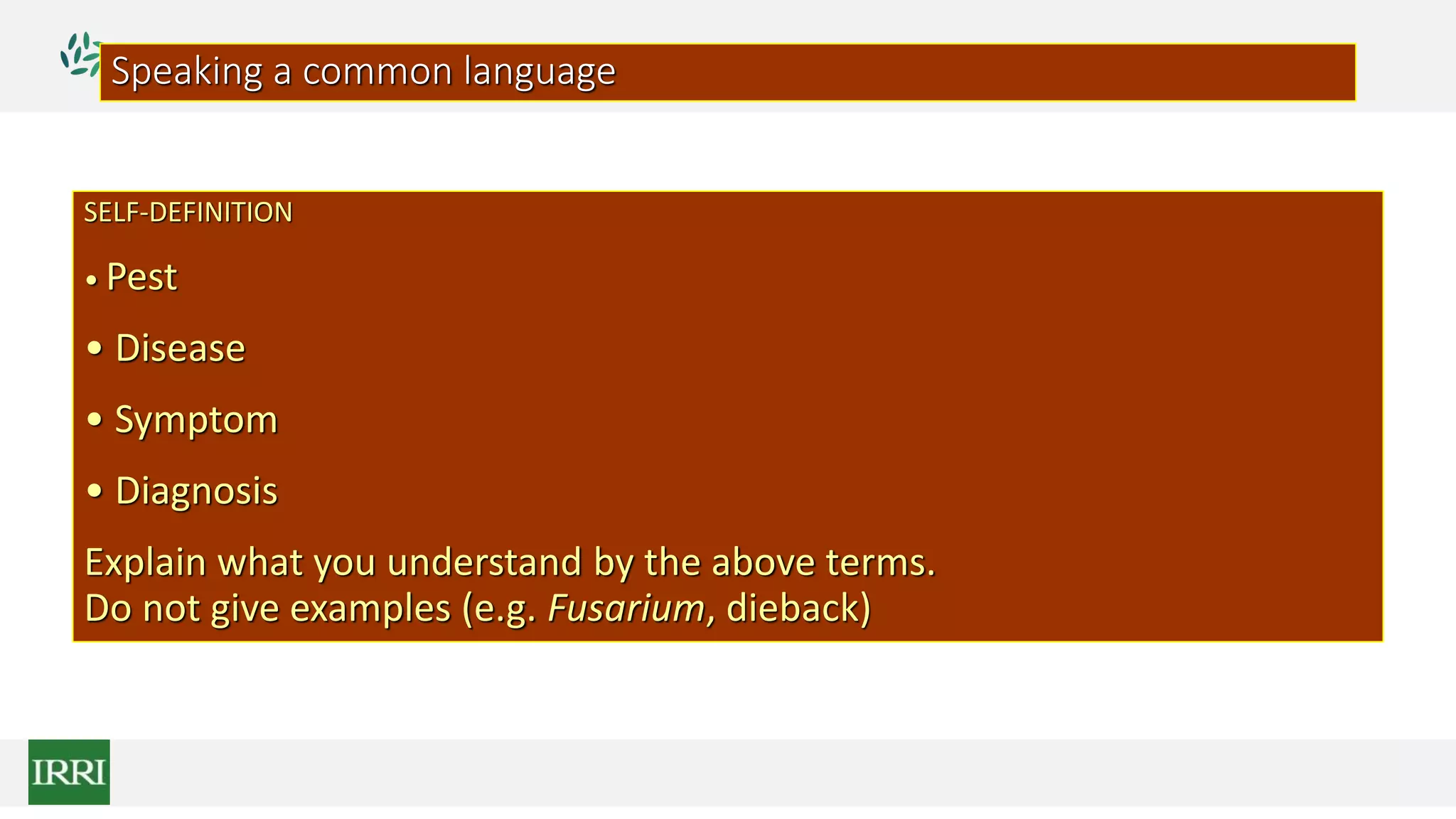 SELF-DEFINITION
• Pest
• Disease
• Symptom
• Diagnosis
Explain what you understand by the above terms.
Do not give examples (e.g. Fusarium, dieback)
Speaking a common language
 