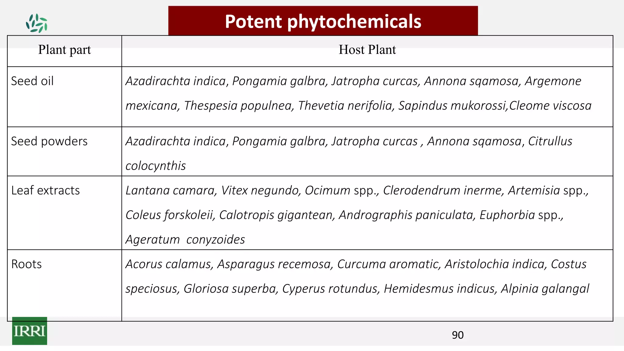 Potent phytochemicals
Plant part Host Plant
Seed oil Azadirachta indica, Pongamia galbra, Jatropha curcas, Annona sqamosa, Argemone
mexicana, Thespesia populnea, Thevetia nerifolia, Sapindus mukorossi,Cleome viscosa
Seed powders Azadirachta indica, Pongamia galbra, Jatropha curcas , Annona sqamosa, Citrullus
colocynthis
Leaf extracts Lantana camara, Vitex negundo, Ocimum spp., Clerodendrum inerme, Artemisia spp.,
Coleus forskoleii, Calotropis gigantean, Andrographis paniculata, Euphorbia spp.,
Ageratum conyzoides
Roots Acorus calamus, Asparagus recemosa, Curcuma aromatic, Aristolochia indica, Costus
speciosus, Gloriosa superba, Cyperus rotundus, Hemidesmus indicus, Alpinia galangal
90
 