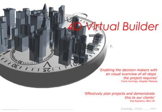 4D Virtual Builder


                            ‘Enabling the decision makers with
                                an visual overview of all steps
                                           the project requires’
                                           Frank Konings, Kliaplan Malysia




                   ‘Effectively plan projects and demonstrate
                                             this to our clients’
                                                  Kyp Kyprianou, Bam UK


_____________                             D-studio@_ 121015         slide1
 