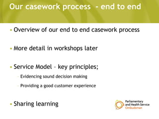 Our casework process - end to end
• Overview of our end to end casework process
• More detail in workshops later
• Service Model – key principles;
– Evidencing sound decision making
– Providing a good customer experience
• Sharing learning
 