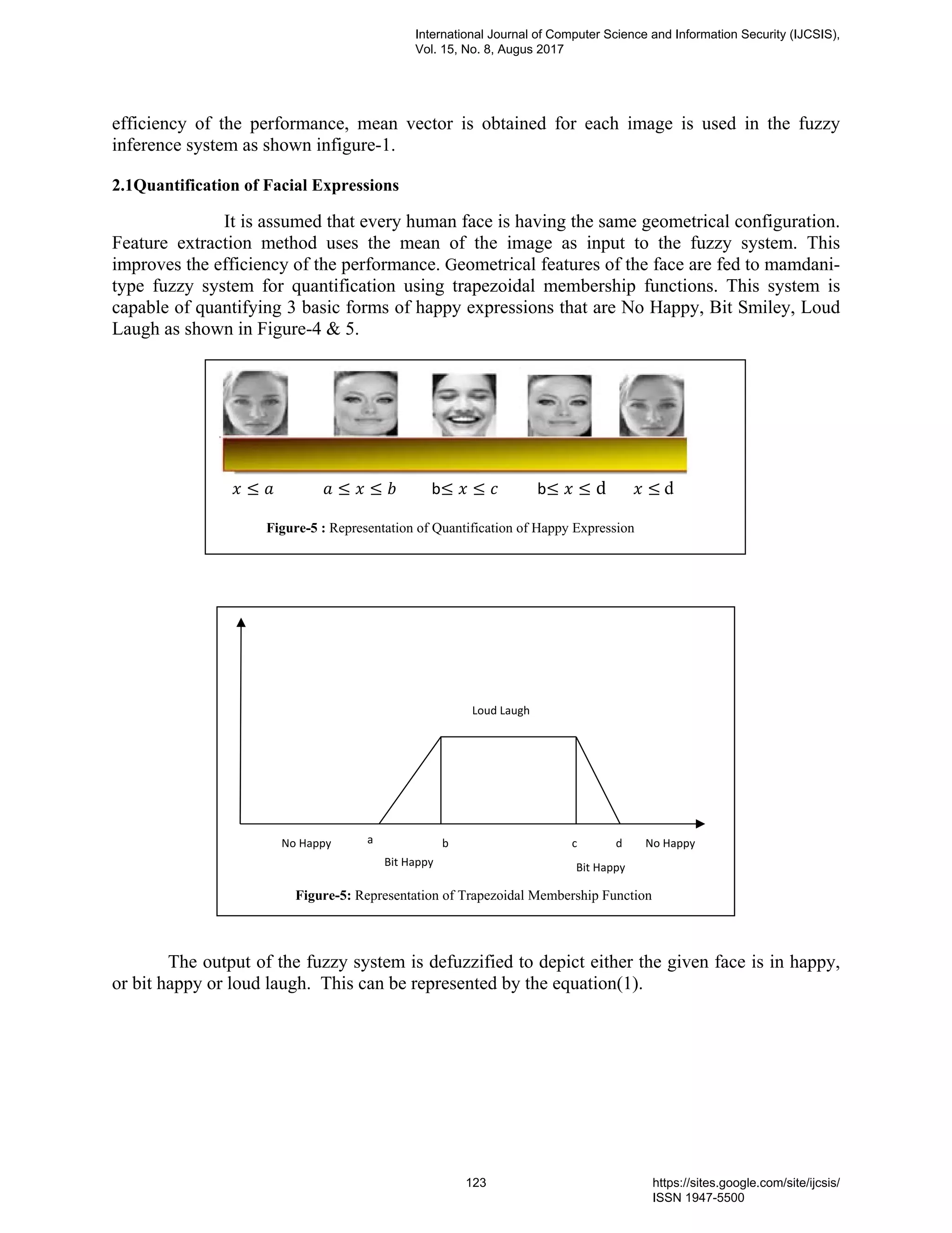 efficiency of the performance, mean vector is obtained for each image is used in the fuzzy
inference system as shown infigure-1.
2.1Quantification of Facial Expressions
It is assumed that every human face is having the same geometrical configuration.
Feature extraction method uses the mean of the image as input to the fuzzy system. This
improves the efficiency of the performance. Geometrical features of the face are fed to mamdani-
type fuzzy system for quantification using trapezoidal membership functions. This system is
capable of quantifying 3 basic forms of happy expressions that are No Happy, Bit Smiley, Loud
Laugh as shown in Figure-4 & 5.
The output of the fuzzy system is defuzzified to depict either the given face is in happy,
or bit happy or loud laugh. This can be represented by the equation(1).
				 ≤ 													 ≤ ≤ b≤ ≤ b≤ ≤ d ≤ d
Figure-5 : Representation of Quantification of Happy Expression
Figure-5: Representation of Trapezoidal Membership Function
No Happy No Happy
Loud Laugh
a b c d
Bit Happy Bit Happy
International Journal of Computer Science and Information Security (IJCSIS),
Vol. 15, No. 8, Augus 2017
123 https://sites.google.com/site/ijcsis/
ISSN 1947-5500
 