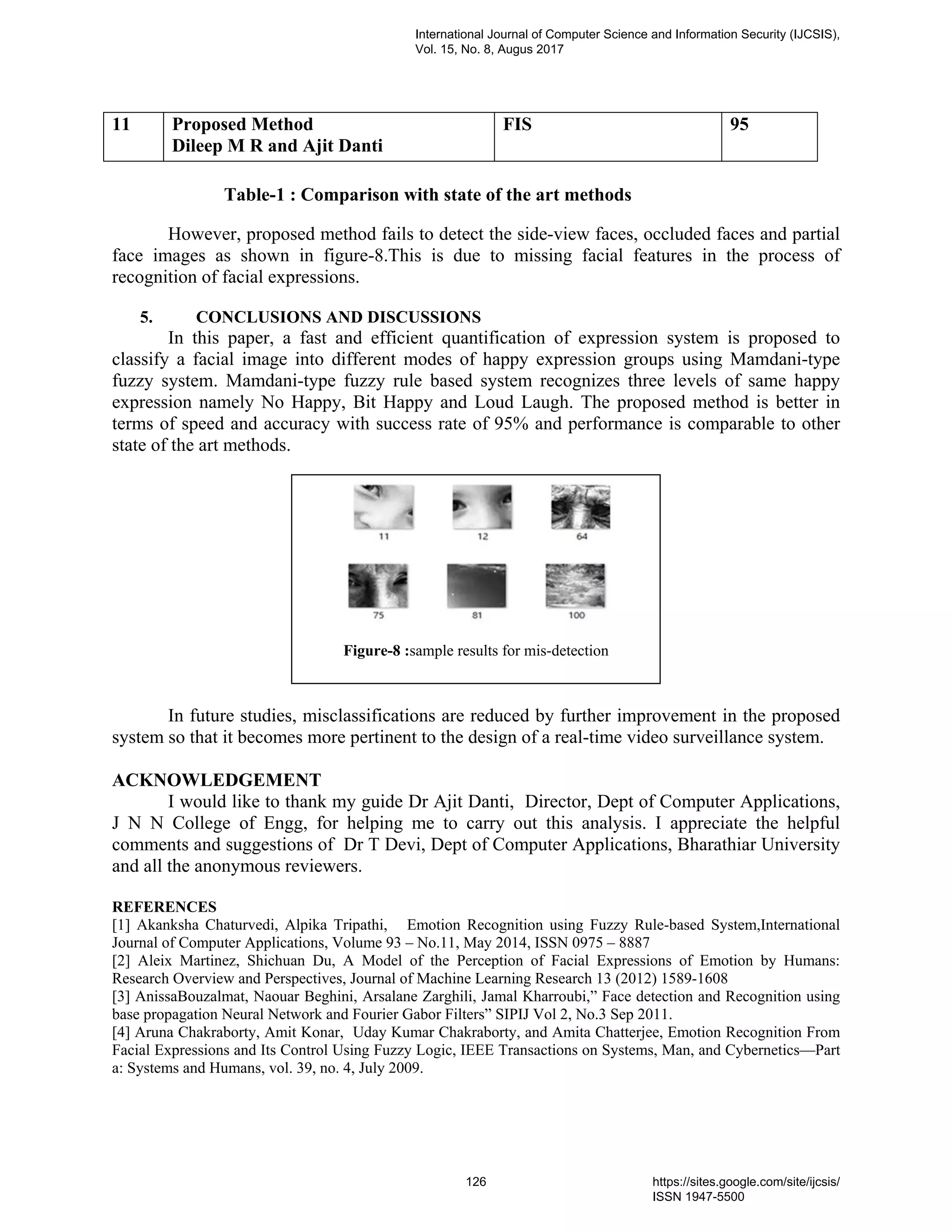 11 Proposed Method
Dileep M R and Ajit Danti
FIS 95
Table-1 : Comparison with state of the art methods
However, proposed method fails to detect the side-view faces, occluded faces and partial
face images as shown in figure-8.This is due to missing facial features in the process of
recognition of facial expressions.
5. CONCLUSIONS AND DISCUSSIONS
In this paper, a fast and efficient quantification of expression system is proposed to
classify a facial image into different modes of happy expression groups using Mamdani-type
fuzzy system. Mamdani-type fuzzy rule based system recognizes three levels of same happy
expression namely No Happy, Bit Happy and Loud Laugh. The proposed method is better in
terms of speed and accuracy with success rate of 95% and performance is comparable to other
state of the art methods.
In future studies, misclassifications are reduced by further improvement in the proposed
system so that it becomes more pertinent to the design of a real-time video surveillance system.
ACKNOWLEDGEMENT
I would like to thank my guide Dr Ajit Danti, Director, Dept of Computer Applications,
J N N College of Engg, for helping me to carry out this analysis. I appreciate the helpful
comments and suggestions of Dr T Devi, Dept of Computer Applications, Bharathiar University
and all the anonymous reviewers.
REFERENCES
[1] Akanksha Chaturvedi, Alpika Tripathi, Emotion Recognition using Fuzzy Rule-based System,International
Journal of Computer Applications, Volume 93 – No.11, May 2014, ISSN 0975 – 8887
[2] Aleix Martinez, Shichuan Du, A Model of the Perception of Facial Expressions of Emotion by Humans:
Research Overview and Perspectives, Journal of Machine Learning Research 13 (2012) 1589-1608
[3] AnissaBouzalmat, Naouar Beghini, Arsalane Zarghili, Jamal Kharroubi,” Face detection and Recognition using
base propagation Neural Network and Fourier Gabor Filters” SIPIJ Vol 2, No.3 Sep 2011.
[4] Aruna Chakraborty, Amit Konar, Uday Kumar Chakraborty, and Amita Chatterjee, Emotion Recognition From
Facial Expressions and Its Control Using Fuzzy Logic, IEEE Transactions on Systems, Man, and Cybernetics—Part
a: Systems and Humans, vol. 39, no. 4, July 2009.
Figure-8 :sample results for mis-detection
International Journal of Computer Science and Information Security (IJCSIS),
Vol. 15, No. 8, Augus 2017
126 https://sites.google.com/site/ijcsis/
ISSN 1947-5500
 