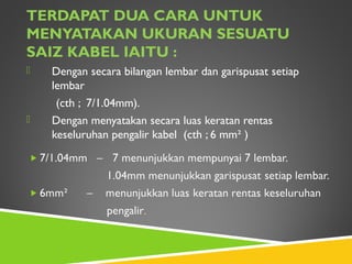 TERDAPAT DUA CARA UNTUK
MENYATAKAN UKURAN SESUATU
SAIZ KABEL IAITU :
 Dengan secara bilangan lembar dan garispusat setiap
lembar
(cth ; 7/1.04mm).
 Dengan menyatakan secara luas keratan rentas
keseluruhan pengalir kabel (cth ; 6 mm² )
 