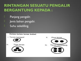 RINTANGAN SESUATU PENGALIR
BERGANTUNG KEPADA :
 Panjang pengalir.
 Jenis bahan pengalir.
 Suhu sekeliling.
 