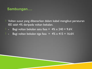  Voltan susut yang dibenarkan dalam kabel mengikut peraturan
IEE ialah 4% daripada voltan bekalan.
 - Bagi voltan bekalan satu fasa = 4% x 240 = 9.6V.
 - Bagi voltan bekalan tiga fasa = 4% x 415 = 16.6V.
Sambungan….
 