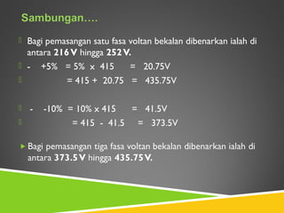  Bagi pemasangan satu fasa voltan bekalan dibenarkan ialah di
antara 216V hingga 252V.
 - +5% = 5% x 415 = 20.75V
 = 415 + 20.75 = 435.75V
 - -10% = 10% x 415 = 41.5V
 = 415 - 41.5 = 373.5V
 