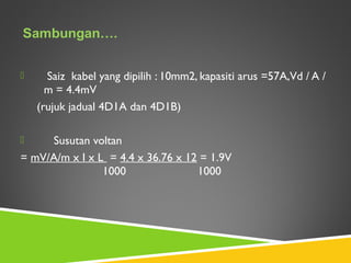  Saiz kabel yang dipilih : 10mm2, kapasiti arus =57A,Vd / A /
m = 4.4mV
(rujuk jadual 4D1A dan 4D1B)
 Susutan voltan
= mV/A/m x I x L = 4.4 x 36.76 x 12 = 1.9V
1000 1000
 