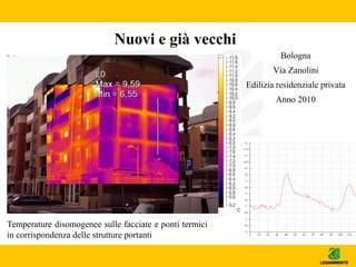 Nuovi e già vecchi
Bologna
Via Zanolini
Edilizia residenziale privata
Anno 2010
Temperature disomogenee sulle facciate e ponti termici
in corrispondenza delle strutture portanti
 