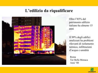 L’edilizia da riqualificare
Il 99% degli edifici
analizzati ha problemi
rilevanti di isolamento
termico, infiltrazioni
d’acqua e umidità
Roma
Tor Bella Monaca
Anni ‘80
Oltre l’85% del
patrimonio edilizio
italiano ha almeno 15
anni
 
