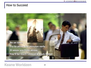 How to Succeed Be on time.  Try to arrive few minutes early.  It saves you from stress.  You'll be much relaxed & work better   1 2 3 4 5 6 7 8  9  10 11 12 13 14 15 