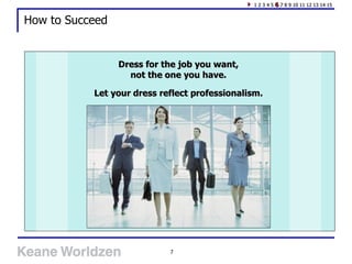 How to Succeed Dress for the job you want,  not the one you have.  Let your dress reflect professionalism.  1 2 3 4 5  6  7 8 9 10 11 12 13 14 15 