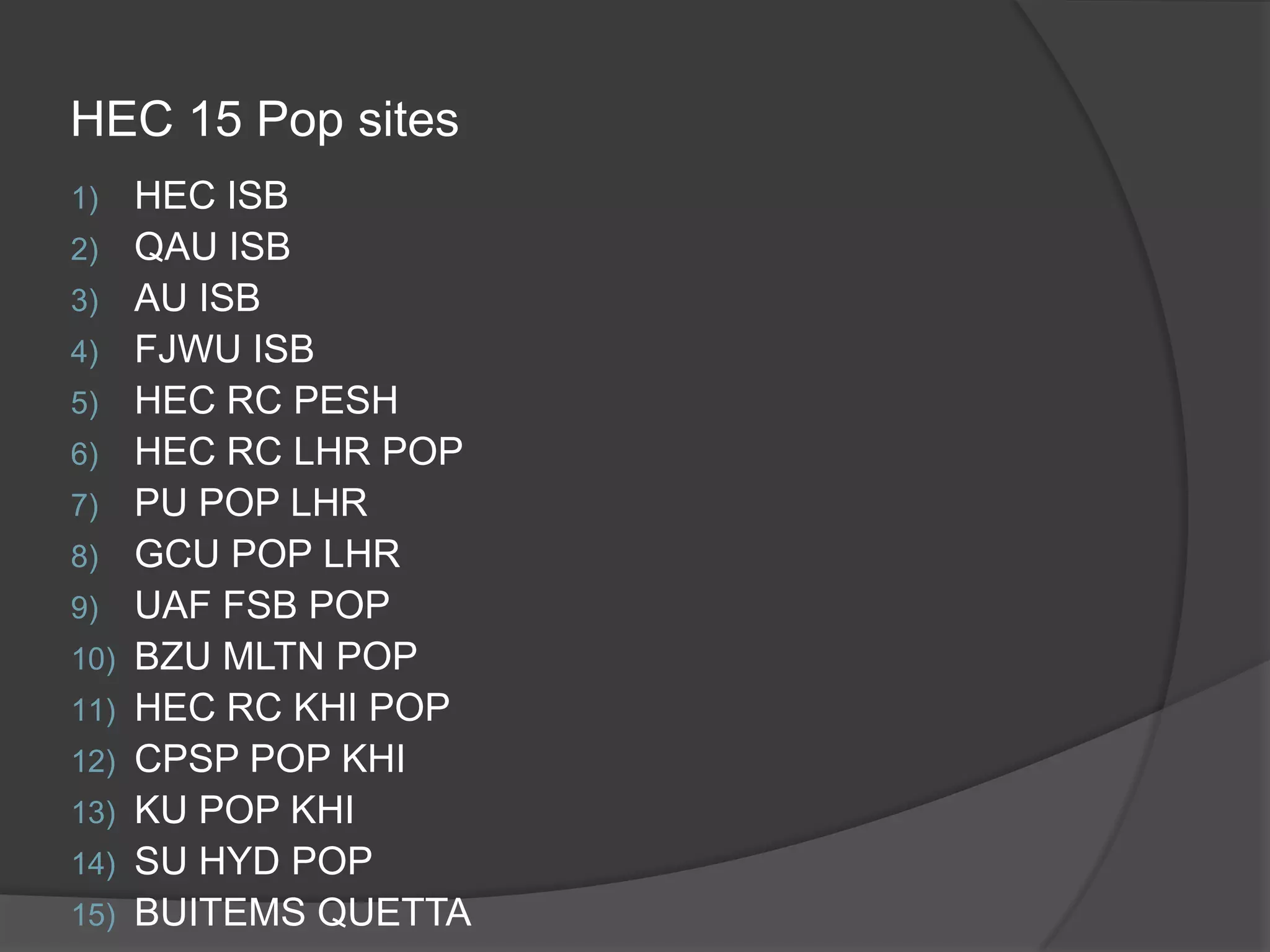 HEC 15 Pop sites
1)    HEC ISB
2)    QAU ISB
3)    AU ISB
4)    FJWU ISB
5)    HEC RC PESH
6)    HEC RC LHR POP
7)    PU POP LHR
8)    GCU POP LHR
9)    UAF FSB POP
10)   BZU MLTN POP
11)   HEC RC KHI POP
12)   CPSP POP KHI
13)   KU POP KHI
14)   SU HYD POP
15)   BUITEMS QUETTA
 