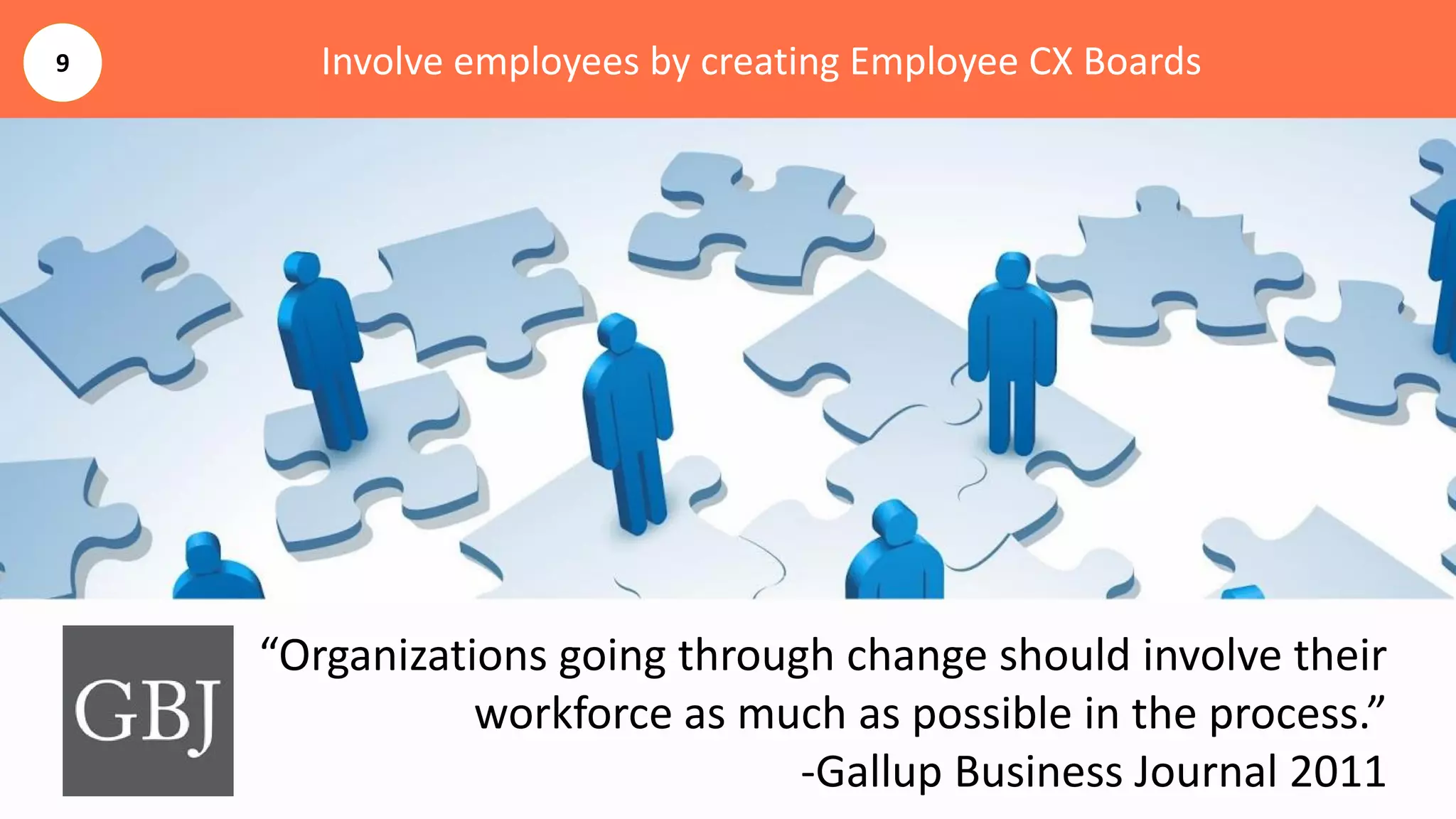 Involve employees by creating Employee CX Boards
“Organizations going through change should involve their
workforce as much as possible in the process.”
-Gallup Business Journal 2011
9
 