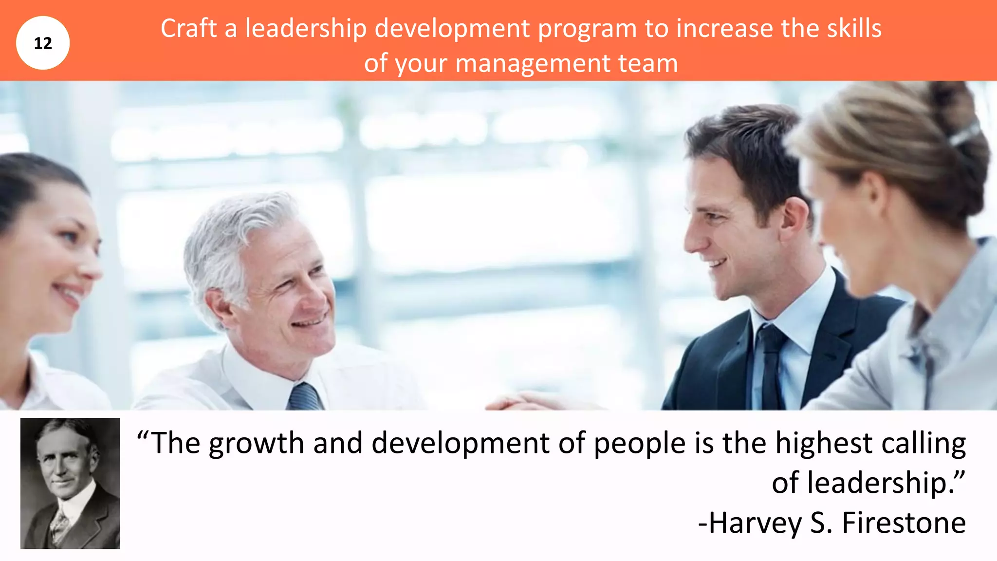 Craft a leadership development program to increase the skills
of your management team
“The growth and development of people is the highest calling
of leadership.”
-Harvey S. Firestone
12
 