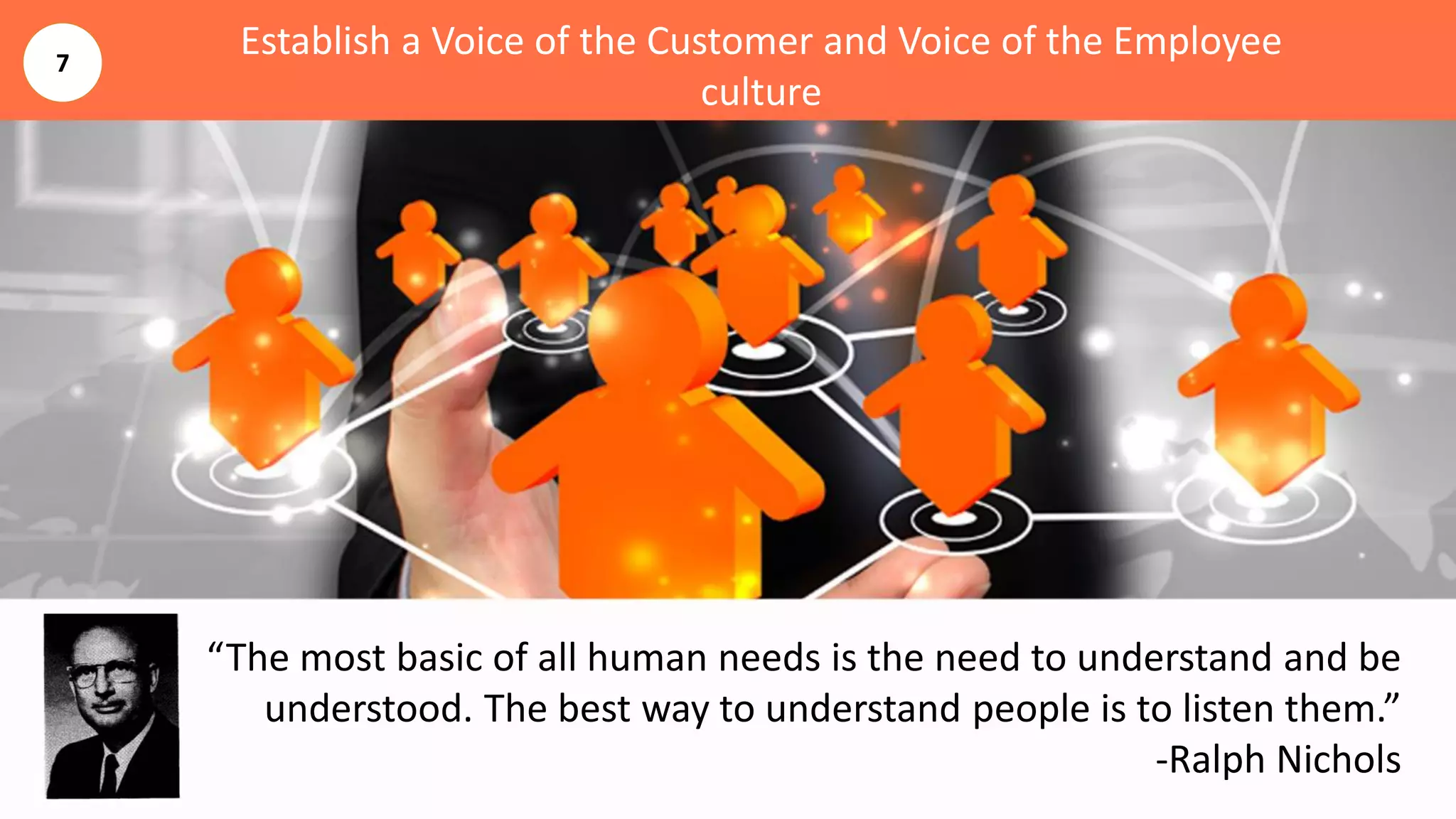 Establish a Voice of the Customer and Voice of the Employee
culture
“The most basic of all human needs is the need to understand and be
understood. The best way to understand people is to listen them.”
-Ralph Nichols
7
 