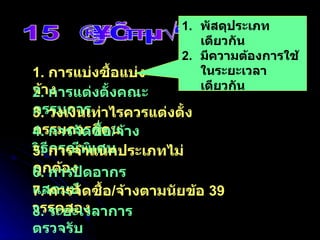 15  จุดอันตราย 1.  การแบ่งซื้อแบ่งจ้าง 2.  การแต่งตั้งคณะกรรมการ 3.  วงเงินเท่าไรควรแต่งตั้งกรรมการกี่คน 4.  การจัดซื้อ / จ้างวิธีกรณีพิเศษ 5.  การจำแนกประเภทไม่ถูกต้อง 6.  การปิดอากรแสตมป์ 7.  การจัดซื้อ / จ้างตามนัยข้อ  39  วรรคสอง 8.  ระยะเวลาการตรวจรับ พัสดุประเภทเดียวกัน มีความต้องการใช้ในระยะเวลาเดียวกัน ควรจัดหาในคราวเดียวกัน เจตนา 