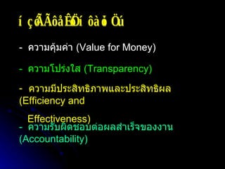 หลักการจัดหาพัสดุ -  ความคุ้มค่า  (Value for Money) -  ความโปร่งใส  (Transparency) ความมีประสิทธิภาพและประสิทธิผล  (Efficiency and  Effectiveness) -  ความรับผิดชอบต่อผลสำเร็จของงาน  (Accountability) 