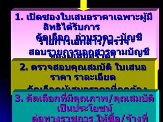 1.  เปิดซองใบเสนอราคาเฉพาะผู้มีสิทธิได้รับการ  คัดเลือก  อ่านราคา  - บัญชีรายการเอกสาร / ตรวจ สอบรายการเอกสารตามบัญชีของผู้เสนอราคา  ลงลายมือชื่อ 2.  ตรวจสอบคุณสมบัติ ใบเสนอราคา ราละเอียด คัดเลือกผู้เสนอราคาที่ถูกต้อง 3.  คัดเลือกที่มีคุณภาพ / คุณสมบัติเป็นประโยชน์ ต่อทางราชการ ให้ซื้อ / จ้างที่เสนอราคาต่ำสุด 