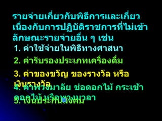 รายจ่ายเกี่ยวกับพิธีการและเกี่ยวเนื่องกับการปฏิบัติราชการที่ไม่เข้าลักษณะรายจ่ายอื่น ๆ เช่น 3.  ค่าของขวัญ ของรางวัล หรือเงินรางวัล 4.  ค่าพวงมาลัย ช่อดอกไม้ กระเช้าดอกไม้ หรือพวงมาลา  5.  เงินประกันสังคม 1.  ค่าใช้จ่ายในพิธีทางศาสนา 2.  ค่ารับรองประเภทเครื่องดื่ม 