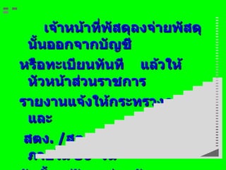เจ้าหน้าที่พัสดุลงจ่ายพัสดุนั้นออกจากบัญชี  หรือทะเบียนทันที  แล้วให้หัวหน้าส่วนราชการ รายงานแจ้งให้กระทรวงการคลัง และ สตง . / สตง . ภูมิภาคทราบภายใน  30  วัน นับตั้งแต่วันลงจ่ายพัสดุ ตามระเบียบ ข้อ  160  