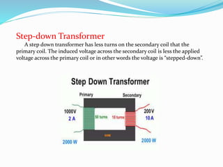 Step-down Transformer
A step down transformer has less turns on the secondary coil that the
primary coil. The induced voltage across the secondary coil is less the applied
voltage across the primary coil or in other words the voltage is “stepped-down”.
 