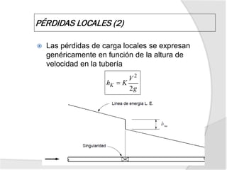  Las pérdidas de carga locales se expresan
genéricamente en función de la altura de
velocidad en la tubería
PÉRDIDAS LOCALES (2)
g
V
KhK
2
2
=
 