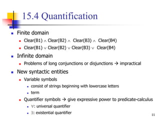 11
15.4 Quantification
 Finite domain
 Clear(B1)  Clear(B2)  Clear(B3)  Clear(B4)
 Clear(B1)  Clear(B2)  Clear(B3)  Clear(B4)
 Infinite domain
 Problems of long conjunctions or disjunctions  impractical
 New syntactic entities
 Variable symbols
 consist of strings beginning with lowercase letters
 term
 Quantifier symbols  give expressive power to predicate-calculus
 : universal quantifier
 : existential quantifier
 