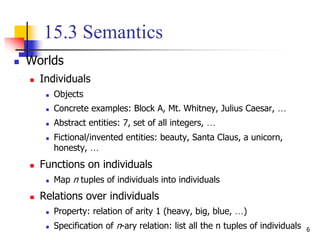 6
15.3 Semantics
 Worlds
 Individuals
 Objects
 Concrete examples: Block A, Mt. Whitney, Julius Caesar, …
 Abstract entities: 7, set of all integers, …
 Fictional/invented entities: beauty, Santa Claus, a unicorn,
honesty, …
 Functions on individuals
 Map n tuples of individuals into individuals
 Relations over individuals
 Property: relation of arity 1 (heavy, big, blue, …)
 Specification of n-ary relation: list all the n tuples of individuals
 