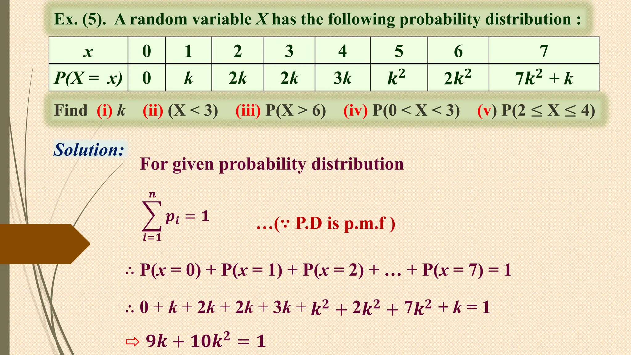 Ex. (5). A random variable X has the following probability distribution :
Solution:
x 0 1 2 3 4 5 6 7
P(X = x) 0 k 2k 2k 3k 𝒌𝟐
2𝒌𝟐
7𝒌𝟐
+ k
Find (i) k (ii) (X < 3) (iii) P(X > 6) (iv) P(0 < X < 3) (v) P(2 ≤ X ≤ 4)
For given probability distribution
𝒑𝒊 = 𝟏
𝒏
𝒊=𝟏
…(∵ P.D is p.m.f )
∴ P(x = 0) + P(x = 1) + P(x = 2) + … + P(x = 7) = 1
∴ 0 + k + 2k + 2k + 3k + 𝒌𝟐 + 2𝒌𝟐 + 7𝒌𝟐 + k = 1
⇨ 𝟗𝒌 + 𝟏𝟎𝒌𝟐 = 𝟏
 