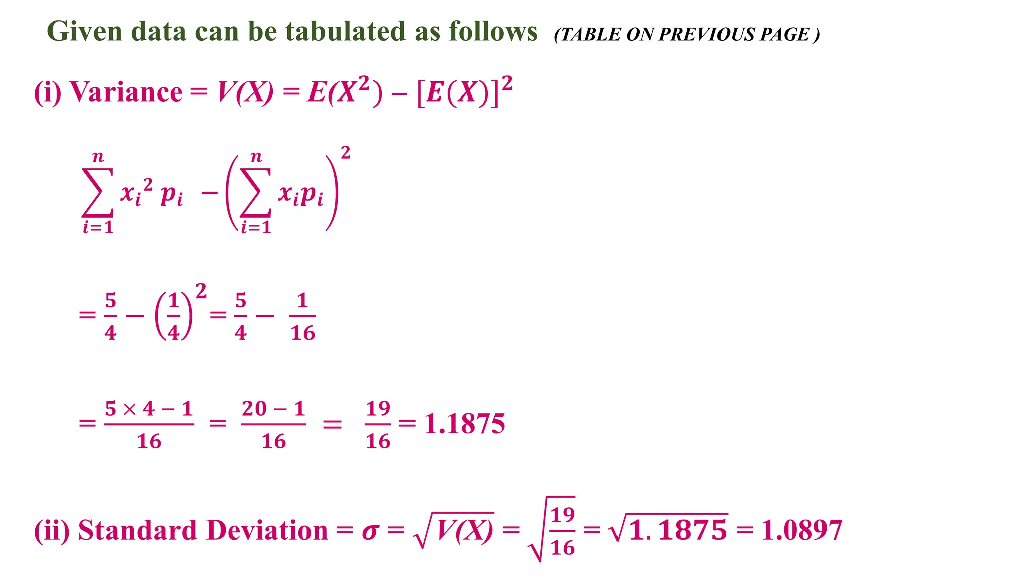(i) Variance = V(X) = E(𝑿𝟐) – [𝑬(𝑿)]𝟐
𝒙𝒊
𝟐 𝒑𝒊 −
𝒏
𝒊=𝟏
𝒙𝒊𝒑𝒊
𝒏
𝒊=𝟏
𝟐
=
𝟓
𝟒
−
𝟏
𝟒
𝟐
=
𝟓
𝟒
−
𝟏
𝟏𝟔
=
𝟓 × 𝟒 − 𝟏
𝟏𝟔
=
𝟐𝟎 − 𝟏
𝟏𝟔
=
𝟏𝟗
𝟏𝟔
= 1.1875
(ii) Standard Deviation = 𝝈 = V(X) =
𝟏𝟗
𝟏𝟔
= 𝟏. 𝟏𝟖𝟕𝟓 = 1.0897
Given data can be tabulated as follows (TABLE ON PREVIOUS PAGE )
 