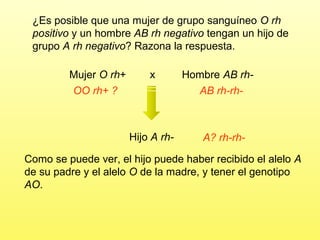 ¿Es posible que una mujer de grupo sanguíneo O rh
positivo y un hombre AB rh negativo tengan un hijo de
grupo A rh negativo? Razona la respuesta.
Mujer O rh+
OO rh+ ?

x

Hijo A rh-

Hombre AB rhAB rh-rh-

A? rh-rh-

Como se puede ver, el hijo puede haber recibido el alelo A
de su padre y el alelo O de la madre, y tener el genotipo
AO.

 