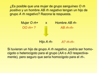 ¿Es posible que una mujer de grupo sanguíneo O rh
 positivo y un hombre AB rh negativo tengan un hijo de
 grupo A rh negativo? Razona la respuesta.

         Mujer O rh+       x        Hombre AB rh-
         OO rh+ ?                     AB rh-rh-



                       Hijo A rh-      A? rh-rh-

Si tuvieran un hijo de grupo A rh negativo, podría ser homo-
cigoto o heterocigoto para el grupo (AA o AO respectiva-
mente), pero seguro que sería homocigoto para el rh-.
 