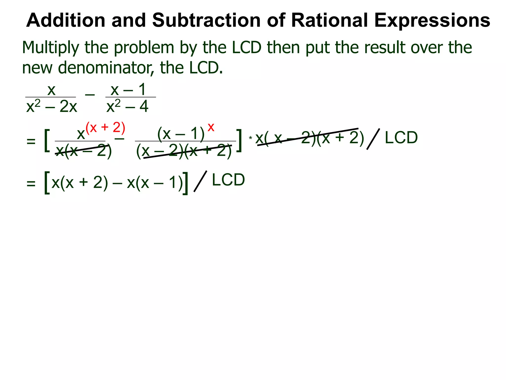* x( x – 2)(x + 2)
(x + 2) x
Multiply the problem by the LCD then put the result over the
new denominator, the LCD.
Addition and Subtraction of Rational Expressions
x
x(x – 2)
– (x – 1)
(x – 2)(x + 2)
[ ] LCD=
x
x2 – 2x
– x – 1
x2 – 4
= [x(x + 2) – x(x – 1)] LCD
 