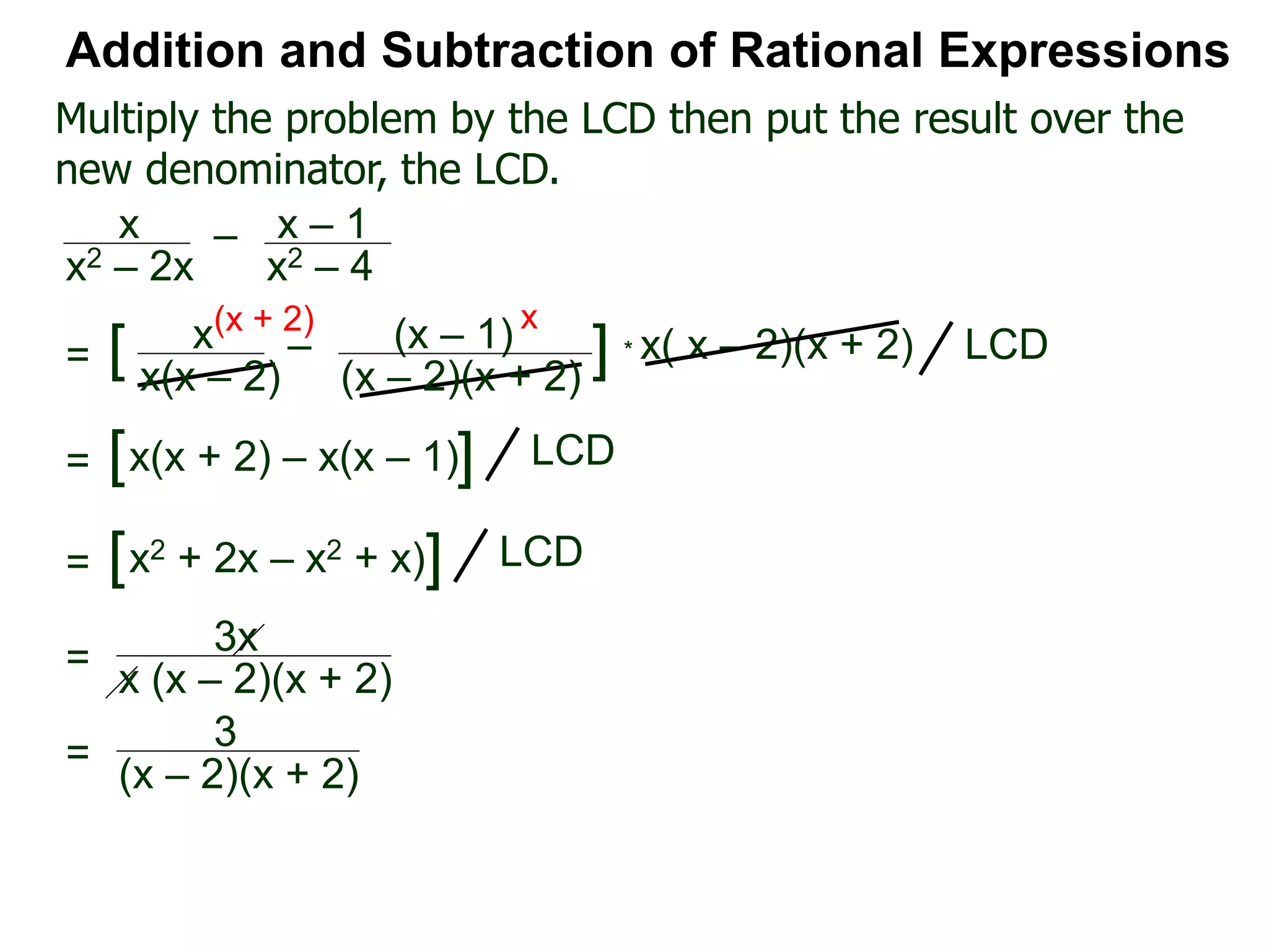 * x( x – 2)(x + 2)
(x + 2) x
Multiply the problem by the LCD then put the result over the
new denominator, the LCD.
Addition and Subtraction of Rational Expressions
x
x(x – 2)
– (x – 1)
(x – 2)(x + 2)
[ ] LCD=
x
x2 – 2x
– x – 1
x2 – 4
= [x(x + 2) – x(x – 1)] LCD
= [x2 + 2x – x2 + x)] LCD
= 3x
x (x – 2)(x + 2)
=
3
(x – 2)(x + 2)
 