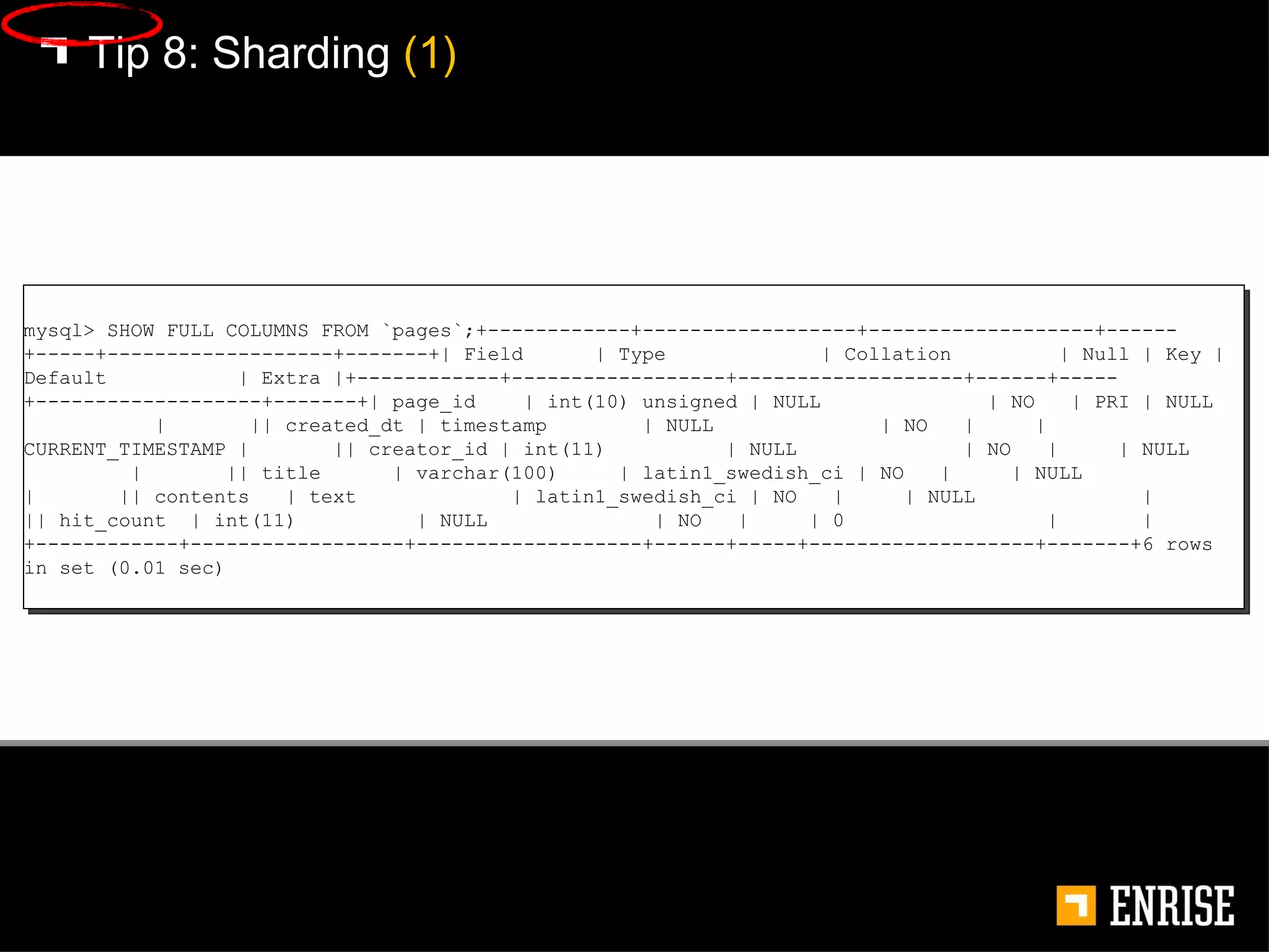 Tip 8:   Sharding  (1) mysql> SHOW FULL COLUMNS FROM `pages`;+------------+------------------+-------------------+------+-----+-------------------+-------+| Field  | Type  | Collation  | Null | Key | Default  | Extra |+------------+------------------+-------------------+------+-----+-------------------+-------+| page_id  | int(10) unsigned | NULL  | NO  | PRI | NULL  |  || created_dt | timestamp  | NULL  | NO  |  | CURRENT_TIMESTAMP |  || creator_id | int(11)  | NULL  | NO  |  | NULL  |  || title  | varchar(100)  | latin1_swedish_ci | NO  |  | NULL  |  || contents  | text  | latin1_swedish_ci | NO  |  | NULL  |  || hit_count  | int(11)  | NULL  | NO  |  | 0  |  |+------------+------------------+-------------------+------+-----+-------------------+-------+6 rows in set (0.01 sec) 