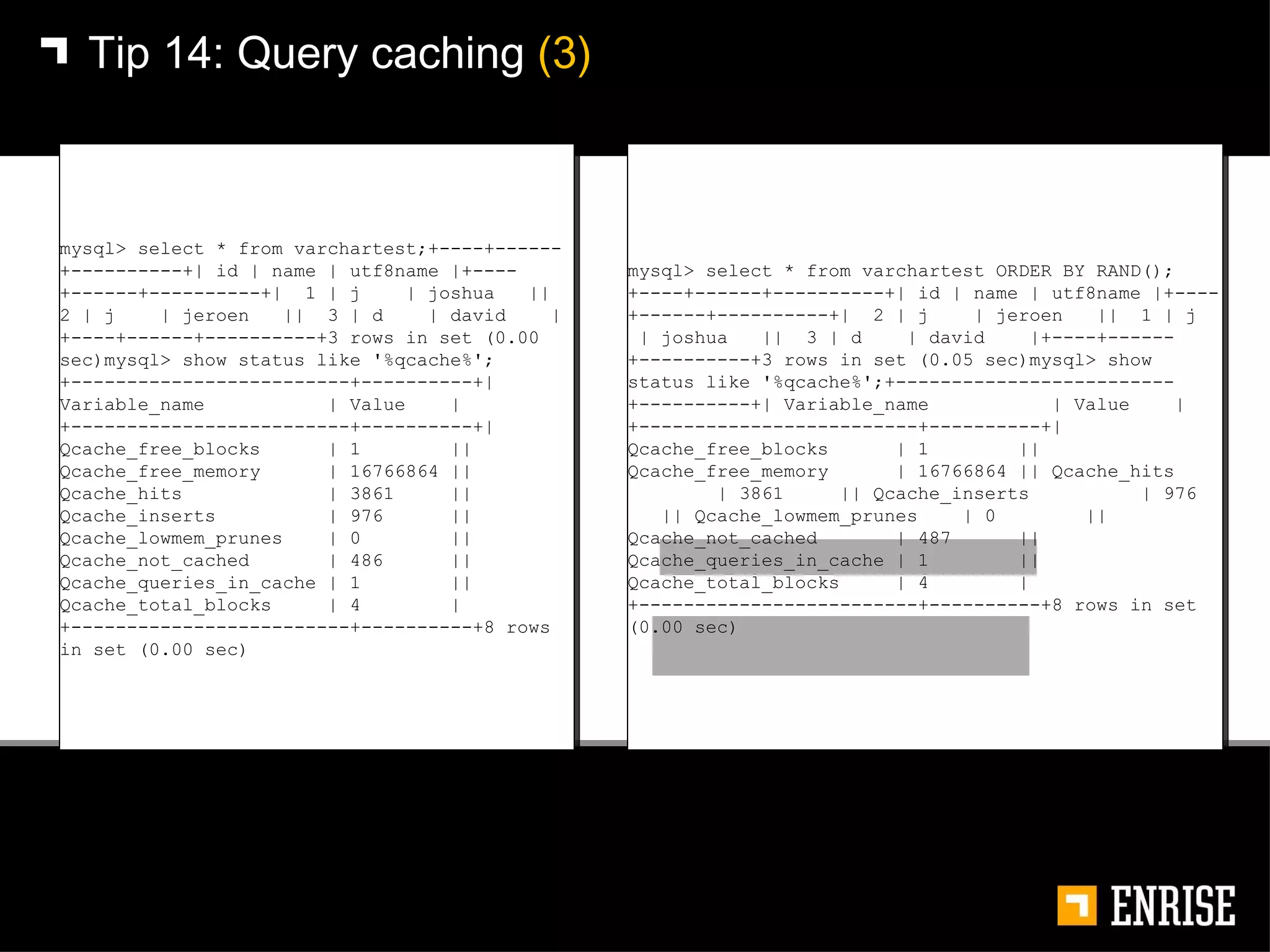 Tip 14:   Query caching  (3) mysql> select * from varchartest;+----+------+----------+| id | name | utf8name |+----+------+----------+|  1 | j  | joshua  ||  2 | j  | jeroen  ||  3 | d  | david  |+----+------+----------+3 rows in set (0.00 sec)mysql> show status like '%qcache%';+-------------------------+----------+| Variable_name  | Value  |+-------------------------+----------+| Qcache_free_blocks  | 1  || Qcache_free_memory  | 16766864 || Qcache_hits  | 3861  || Qcache_inserts  | 976  || Qcache_lowmem_prunes  | 0  || Qcache_not_cached  | 486  || Qcache_queries_in_cache | 1  || Qcache_total_blocks  | 4  |+-------------------------+----------+8 rows in set (0.00 sec) mysql> select * from varchartest ORDER BY RAND();+----+------+----------+| id | name | utf8name |+----+------+----------+|  2 | j  | jeroen  ||  1 | j  | joshua  ||  3 | d  | david  |+----+------+----------+3 rows in set (0.05 sec)mysql> show status like '%qcache%';+-------------------------+----------+| Variable_name  | Value  |+-------------------------+----------+| Qcache_free_blocks  | 1  || Qcache_free_memory  | 16766864 || Qcache_hits  | 3861  || Qcache_inserts  | 976  || Qcache_lowmem_prunes  | 0  || Qcache_not_cached  | 487  || Qcache_queries_in_cache | 1  || Qcache_total_blocks  | 4  |+-------------------------+----------+8 rows in set (0.00 sec) 