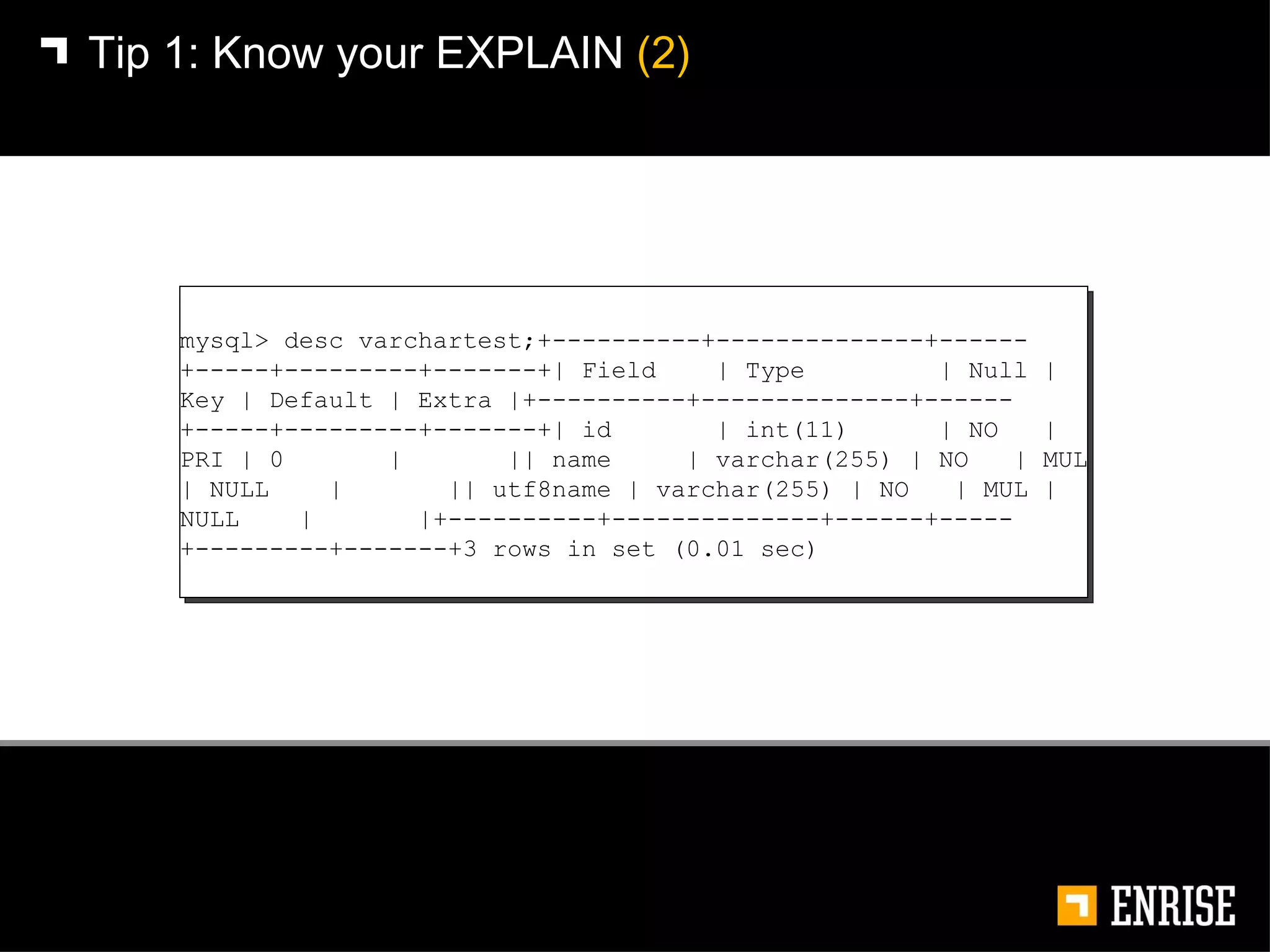Tip 1:   Know your EXPLAIN  (2) mysql> desc varchartest;+----------+--------------+------+-----+---------+-------+| Field  | Type  | Null | Key | Default | Extra |+----------+--------------+------+-----+---------+-------+| id  | int(11)  | NO  | PRI | 0  |  || name  | varchar(255) | NO  | MUL | NULL  |  || utf8name | varchar(255) | NO  | MUL | NULL  |  |+----------+--------------+------+-----+---------+-------+3 rows in set (0.01 sec) 