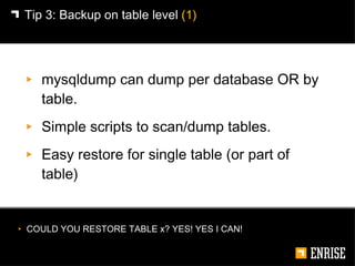 <ul><li>mysqldump can dump per database OR by table. </li></ul><ul><li>Simple scripts to scan/dump tables. </li></ul><ul><...