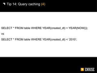 SELECT * FROM table WHERE YEAR(created_dt) < YEAR(NOW()); vs SELECT * FROM table WHERE YEAR(created_dt) < ‘2010’; Tip 14: ...