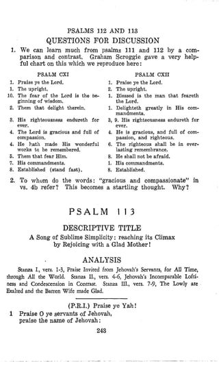 1,
1.
1.
10.
2.
3.
4.
4.
5.
7.
8.
2.
PSALMS 112 AND 113
QUESTIONS FOR DISCUSSION
We can learn much from psalms 111 and 112 by a com-
parison and contrast, Graham Scroggie gave a very help-
ful chart on this which we reproduce here :
PSALM CXI
Praise ye the Lord,
Tho upright.
The fear of the Lord is the De-
ginning of wisdom,
Them that delight therein,
His righteousness endureth for
ever.
The Lord is gracious and full of
compassion,
He 1:ath made His wonderful
works to, be remembered.
Them that fear Him.
His commandments.
Established (stand fast).
PSALM CXII
1. Praise ye the Lord.
2. The upright.
1. Blessed is the man that feareth
the Lord.
1. Delighteth greatly in His com-
mandments,
3, 9. His righteousness endureth for
ever.
4, He is gracious, and full of com-
passion, and righteous.
6. The righteous shall be in ever-
lasting remembrance.
8. He shall not be afraid.
1. His commandments.
8. Established.
To whum do the words: “gracious and compassionate” in
vs. 4b refer? This becomes a startling thought. Why?
P S A L M 1 1 3
DESCRIPTIVE TITLE
A Song of Sublime Simplicity: reaching its Climax
by Rejoicing with a Glad Mother!
ANALYSIS
Stanza I., vers. 1-3, Praise Invited from Jehovah‘s Semnts, for All Time,
Stanza II., vers. 4-6, Jehovah‘s Incomparable Lofti-
Stanza III., vers. 7-9, The Lowly are
through All the World.
ness and Condescension in Contrast.
Exalted and the Barren Wife made Glad.
(P.R.I.) Praise ye Yah!
1 Praise 0 ye servants of Jehovah,
praise the name of Jehovah:
243
 