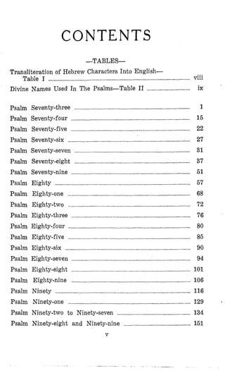 CONTENTS
-TABLES-
Transliteration of Hebrew Characters Into English-
Table I ................................................................................................................................. viii
Divine Names Used In The Psalms-Table I1 ....................................... ix
Psalm Seventy-three ......... ................................................... 1
Psalm Seventy-four ...
Psalm Seventy-five .........................................................
Psalm Seventy-six ...... ................................................... 27
Psalm Seventy-eight ..............
Psalm Seventy-nine ............................................................................................................ 51
Psalm Eighty .......................................
Psalm Eighty-one ...........................
Psalm Eighty-two .............
Psalm Eighty-three ............................................................................................................ 76
Psalm Eighty-four ......................................................................................... .......... 80
Psalm Eighty-five .................................................... .................................................. 85
Psalm Eighty-six .................................................................................................................. 90
Psalm Eighty-seven ......................................................................... 1............. 94
Psalm Eighty-eight .......... ...................... 101
Psalm Eighty-nine ............................................................................................................ 106
Psalm Ninety .....................
Psalm Ninety-one .........
Psalm Ninety-two to Ninety-seven .................................................................. 134
Psalm Ninety-eight and Ninety-nine ..................................................
Psalm Seventy-seven
V
---- ............ . . . . .
 