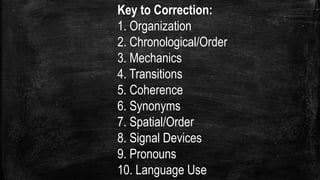 Key to Correction:
1. Organization
2. Chronological/Order
3. Mechanics
4. Transitions
5. Coherence
6. Synonyms
7. Spatial/Order
8. Signal Devices
9. Pronouns
10. Language Use
 